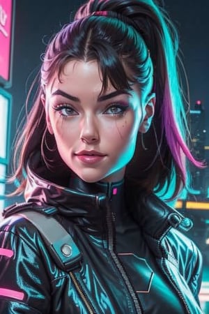 1 woman, close up, smile, cyberpunk, night city, neon lightsm jacket, looking at viewer