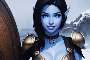 collar, armor, badas, make-up, close up, smile, masterpiece, best quality,large breasts, upper body, looking at viewer,, winter background, , shocked face, blue eyes, smile, ,Aria Bal, blue skin, black hair, elf ears, skimpy armor, breasts, abs,