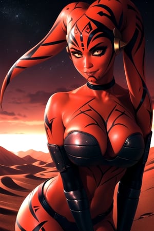 Highly detailed, High Quality, Masterpiece, beautiful, DarthTalon, , 1girl, solo, smirk, cowboy shot, night, night sky, tree, looking to the sky,DarthTalon, close up, desert, 