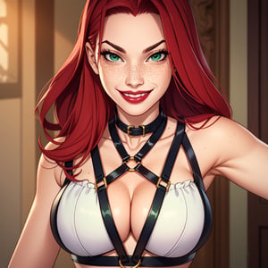 red hair, pale skin, freckles, red lips, green eyes, long hair, smile, close up, smirk, collar, tits, dungeon background, harness, tits, 