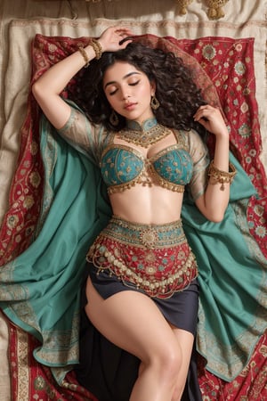 "A curly-haired girl is lying stretched out on an ancient Persian rug, surrounded by Iranian traditional handcraft. The view from above captures the entire scene. She is adorned in entirely traditional clothing, with a particular focus on intricate details inspired by ancient Iranian art. The details of her attire are meticulously defined, and her legs are slightly gathered. Her eyes are closed, and the image quality is of the highest standard. She wears an Iranian skirt that fully covers her, revealing only a portion of her legs peeking out from under the skirt. The attire is authentically Iranian, emphasizing cultural richness and heritage."