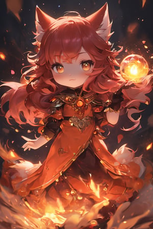 (cute chibi flame foxy, flaming veins, flaming crown), red and orange tones, (masterpiece, best quality, ultra-detailed, best shadow), (detailed background, fantasy), princess cloth, (beautifully detailed face), high contrast, (best illumination, an extremely delicate and beautiful), ((cinematic light)), colorful, hyper detail, dramatic light, intricate details, (1 chibi sakura, 20 year old, solo, red hair, sharp face, amber eyes, hair between eyes, dynamic angle), blood splatter, swirling black light around the character, depth of field, light particles,(broken glass),magic circle, (full body), Spirit Fox Pendant