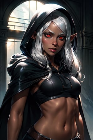 drow, female, pointy ears, solo, elf, navel,hood, colored skin, midriff, looking at viewer, long hair, cloak, dark elf, breasts, white hair, hood up, cape, medium breasts, hooded cloak, belt, pouch, red eyes, grey skin, orange eyes, upper body, weapon, glowing eyes, lips, ((masterpiece, best quality)), art by greg rutkowski, trending on artstation  , ,blackHoodWaifu,(black hood,mecha musume,yorha no. 2 type b,boichi anime style,SilverWolfMx,ph_eriri