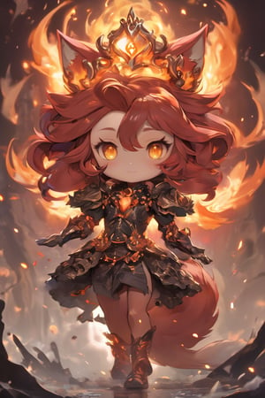 (cute chibi flame foxy, flaming veins, flaming crown), red and orange tones, (masterpiece, best quality, ultra-detailed, best shadow), (detailed background, fantasy), princess cloth, (beautifully detailed face), high contrast, (best illumination, an extremely delicate and beautiful), ((cinematic light)), colorful, hyper detail, dramatic light, intricate details, (1 chibi sakura, 20 year old, solo, red hair, sharp face, amber eyes, hair between eyes, dynamic angle), blood splatter, swirling black light around the character, depth of field, light particles,(broken glass),magic circle, (full body), Spirit Fox Pendant