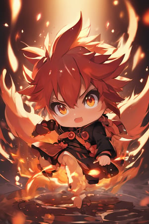 (cute chibi flame foxy, flaming veins, flaming crown), red and orange tones, (masterpiece, best quality, ultra-detailed, best shadow), (detailed background, fantasy), (beautifully detailed face), high contrast, (best illumination, an extremely delicate and beautiful), ((cinematic light)), colorful, hyper detail, dramatic light, intricate details, (1 chibi naruto, 20-year-old, solo, red hair, sharp face, amber eyes, hair between eyes, dynamic angle), blood splatter, swirling black light around the character, depth of field, light particles,(broken glass),magic circle, (full body), Spirit Fox Pendant