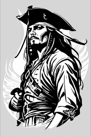 jack sparrow, black and white, beautiful eyes, half-body, detailed jack sparrow, the Caribbean movie, detailed, high quality, 
