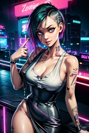 zoomed on face, roof top,, party, outside, pool, Strip club, pole dancing, neon lights, cyberpunk, sexy dress, see though dress, cut out dress, breasts, tattoos, sexy tattoos, party, club, cyberpunk, 2077, cell phone, flying cars, future car, future, smiling, happy, choker, collar, bdsm collar, 