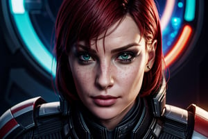1 girl, sexy, combat armor, sselife, N7, future, mirrow, smirk,Jane,Shepard, militrary pose, badass, space, sexy, close up