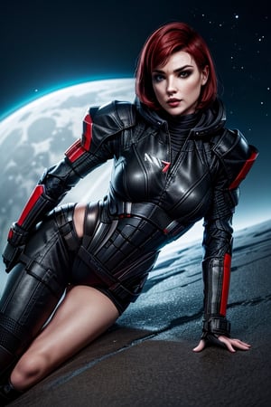 1 girl, sexy, combat armor, sselife, N7, Black hoodie, N7 smirk,Jane,Shepard, space, earth, the moon