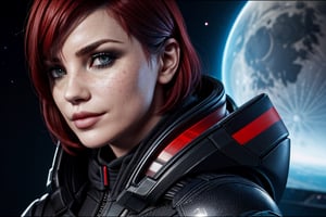 1 girl, sexy, combat armor, sselife, N7, Black hoodie, N7 smirk,Jane,Shepard, space, earth, the moon