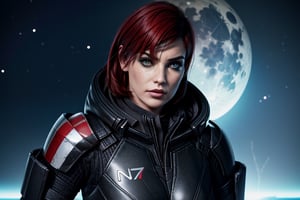 1 girl, sexy, combat armor, sselife, N7, Black hoodie, N7 smirk,Jane,Shepard, space, earth, the moon