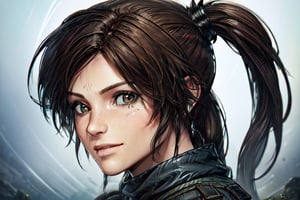 art, tomb raider, pony tail, smile, tomb raider ,game cover, comic, cover art, outfit, close up, eyes,line anime