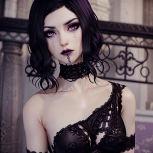 close up, black hair, pale skin, purple eyes, goth, 