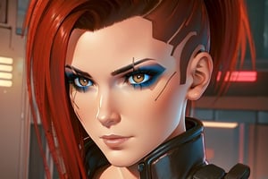1 woman, red hair, brown eyes, yberpunk, sexy bra, leather bra, close up, 