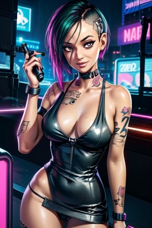 zoomed on face, roof top,, party, outside, pool, Strip club, pole dancing, neon lights, cyberpunk, sexy dress, see though dress, cut out dress, breasts, tattoos, sexy tattoos, party, club, cyberpunk, 2077, cell phone, flying cars, future car, future, smiling, happy, choker, collar, bdsm collar, 
