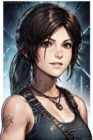 art, tomb raider, pony tail, smile, tomb raider ,game cover, comic, cover art, outfit, close up, eyes,line anime