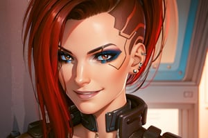 1 woman, red hair, brown eyes, yberpunk, sexy bra, leather bra, close up, smile, ear piercings