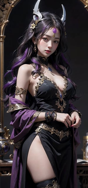 mystical fortune teller peers through ornate mask, wavy dark hair with purple streaks, card reading, mystical atmosphere