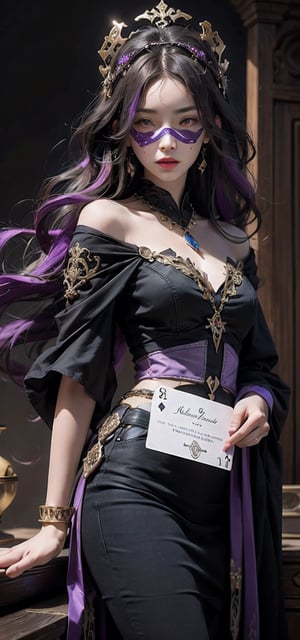 mystical fortune teller peers through ornate mask, wavy dark hair with purple streaks, card reading, mystical atmosphere