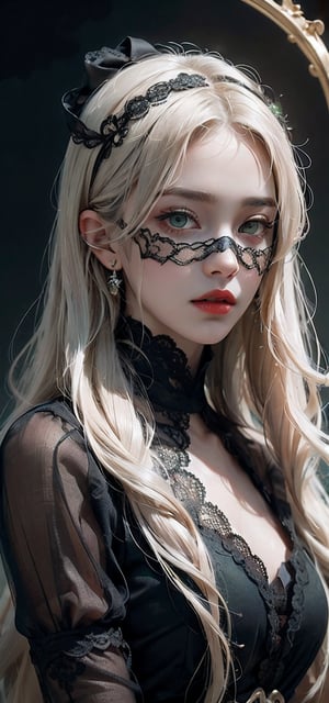 striking portrait of ethereal woman with extremely long platinum hair, pale flawless skin, ornate black lace mask, intense green eyes, red lips, glowing in dark setting, elegant and mysterious