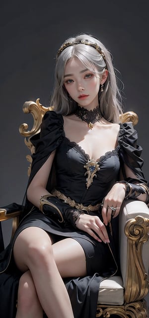 intense close up of androgynous person with smooth silver hair, light gray eyes, wearing bejeweled white masquerade mask, soft features, sitting in baroque gilt chair