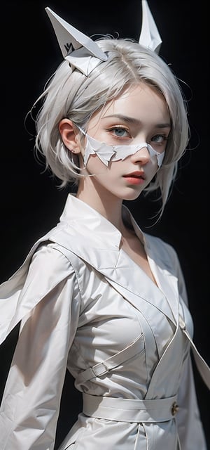 minimalist portrait of woman with sleek short platinum hair, glossy white origami mask, penetrating stare, high contrast