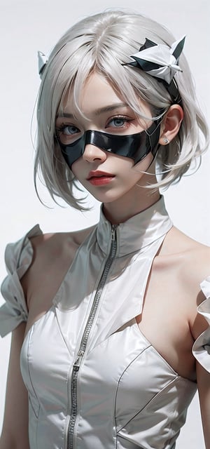 minimalist portrait of woman with sleek short platinum hair, glossy white origami mask, penetrating stare, high contrast