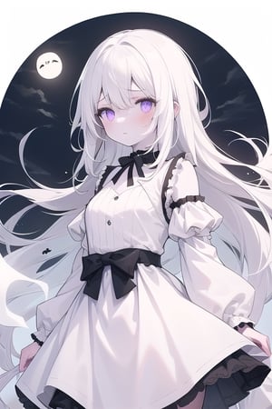 masterpiece, best quality, highres, 1girl, ghost, ghost girl, halloween, white hair, dark eyes, purple eyes, white dress, colored skin, white skin, sad, floating_hair, flowing dress, mist, nighttime