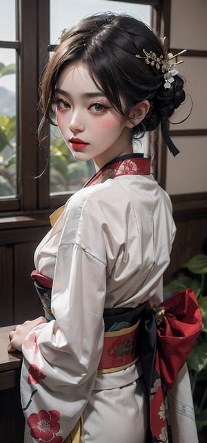 dramatic portrait of geisha in silk kimono, white makeup, red lips, intricate hair decorations, stunning textile patterns, tranquil mood