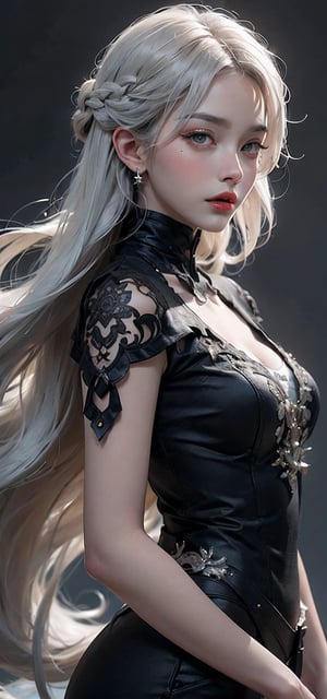 striking close-up portrait of mysterious woman with extremely long, flowing, straight, smooth, pristine white hair, very pale, flawless, unblemished skin, wearing ornate, intricate, decorative white mask covering upper half of face, adding to enigmatic, cryptic allure, mask has beautiful, complex, delicate silver filigree designs and details, eyes glimpsed through oval openings, piercing light gray eyes, almost shining silver in color, intensely staring out at viewer, full lush red lips painted deep crimson color, dark atmospheric background spotlighting woman's face, lighting illuminates her features dramatically, accentuating sharp defined cheeks, jawline, glowing ethereally white hair, every braided strand visible in stunning detail, somber, dramatic mood and tone, woman resembles powerful deity or ghostly spirit from another realm, combination of mask, white hair, intense eyes and vibrant red lips create truly epic, elegant, exquisite aesthetic, digitally painted in photorealistic style and quality, inspired by famous artists like guweiz, incredible realism and detail captured