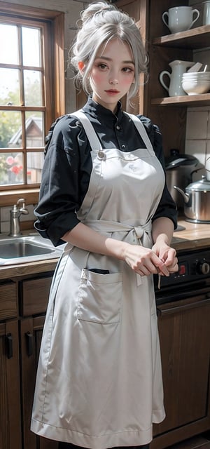 elderly grandmother baking in cottage kitchen, silver hair in bun, wrinkled skin, floral apron, nostalgic atmosphere