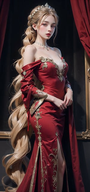 medieval noble lady, long braided blond hair pinned up, pale skin, rich red gown, regal and elegant bearing