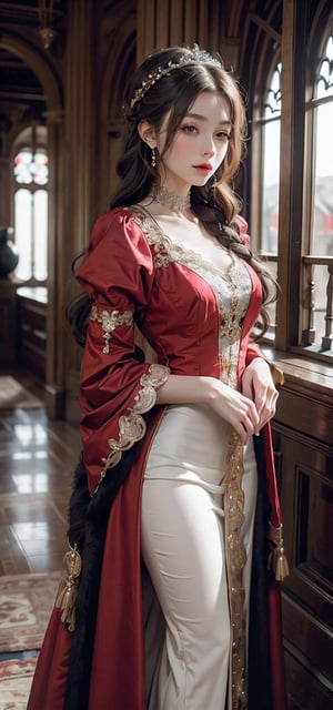 medieval noble lady, long braided blond hair pinned up, pale skin, rich red gown, regal and elegant bearing