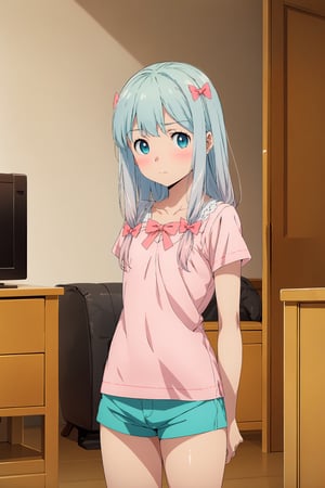 (masterpiece:1.2), best quality, absurdres, highres, (official art, beautiful and aesthetic:1.2), 1girl, izumi sagiri, cute, shy, loli, shirt, flat chest, short shorts, closed mouth, big eyes, blue eyes, pink bow, hair bow, blush, indoors