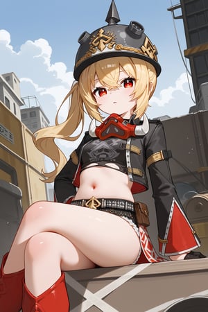 score_9, score_8_up, score_7_up, detailed, illustration, source_anime BREAK 1girl, long hair, side ponytail, blonde hair, red eyes, jewelry, helmet, tank top, jacket, mask around neck, belt, shorts, boots, waist cape, sitting, crossed legs, navel, outdoors, construction site