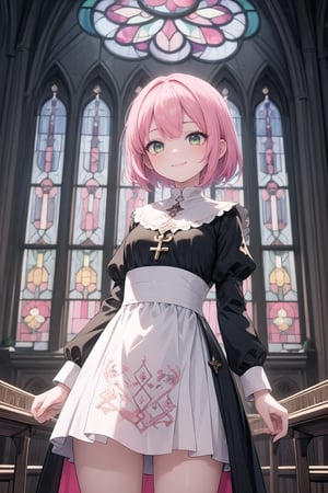 (masterpiece, best quality:1.4), vibrant colors, intricate details, cinematic lighting, illustration, 1girl, green eyes, pink hair, short hair, nun, dress, cross, smile, stained glass windows, cathedral, cowboy shot
