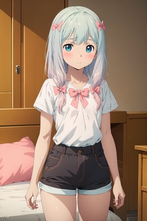 (masterpiece:1.2), best quality, absurdres, highres, (official art, beautiful and aesthetic:1.2), 1girl, izumi sagiri, cute, shy, loli, shirt, flat chest, short shorts, closed mouth, big eyes, blue eyes, pink bow, hair bow, blush, indoors