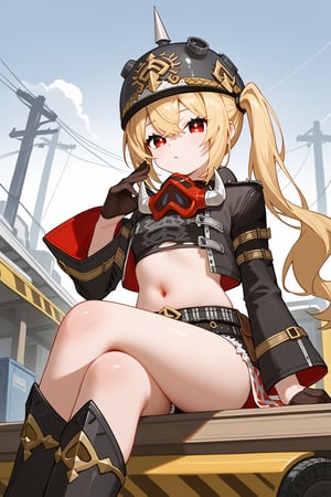 score_9, score_8_up, score_7_up, detailed, illustration, source_anime BREAK 1girl, long hair, side ponytail, blonde hair, red eyes, jewelry, helmet, tank top, jacket, mask around neck, belt, shorts, boots, waist cape, sitting, crossed legs, navel, outdoors, construction site