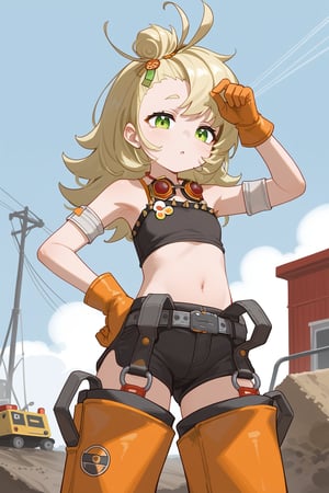 score_9, score_8_up, score_7_up, detailed, illustration, source_anime BREAK 1girl, long hair, messy hair, blonde hair, green eyes, topknot, hair ornament, detached sleeves, orange gloves, tube top, goggles around neck, shorts, chaps, detached leggings, armpits, cowboy shot, construction site