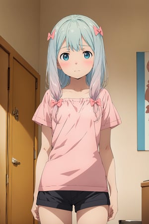 (masterpiece:1.2), best quality, absurdres, highres, (official art, beautiful and aesthetic:1.2), 1girl, izumi sagiri, cute, shy, loli, shirt, flat chest, short shorts, closed mouth, big eyes, blue eyes, pink bow, hair bow, blush, indoors