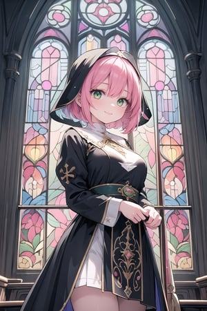 (masterpiece, best quality:1.4), vibrant colors, intricate details, cinematic lighting, illustration, 1girl, green eyes, pink hair, short hair, nun, dress, veil, cross, smile, stained glass windows, cathedral, cowboy shot