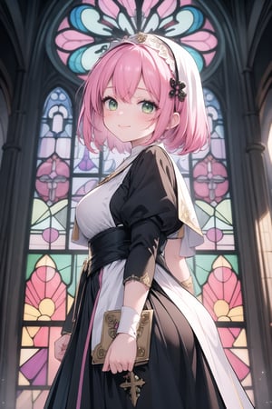(masterpiece, best quality:1.4), vibrant colors, intricate details, cinematic lighting, illustration, 1girl, green eyes, pink hair, short hair, nun, dress, veil, cross, smile, stained glass windows, cathedral, cowboy shot