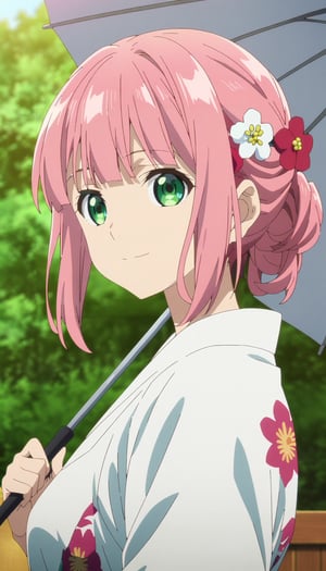 1girl, green eyes, pink hair, medium hair, blunt bangs, light smile, white kimono, floral print, hair ornament, holding umbrella, looking at viewer, upper body, blurry background, masterpiece, best quality, very aesthetic, absurdres, anime screencap, fake screenshot