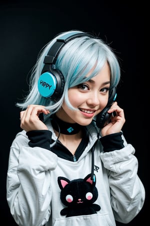 --[[ :p ]]-- (black background) (kawaii) (cute art style) (upper body) (pov from the side) (black gaming headphones) white hair, cyan eyes, cute happy smile, white hoodie, black choker, look at viewer