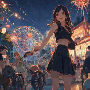 score_9, score_8_up, score_7_up 
 The image depicts a woman with long dark hair wearing a black top and skirt. She is standing in front of a ferris wheel at night, playfully sticking her tongue out. The woman is smiling and making eye contact with the camera. In the background, there are numerous people visible, and the ferris wheel is illuminated with vibrant, colorful lights, creating a festive atmosphere. It appears she is enjoying herself at the amusement park.