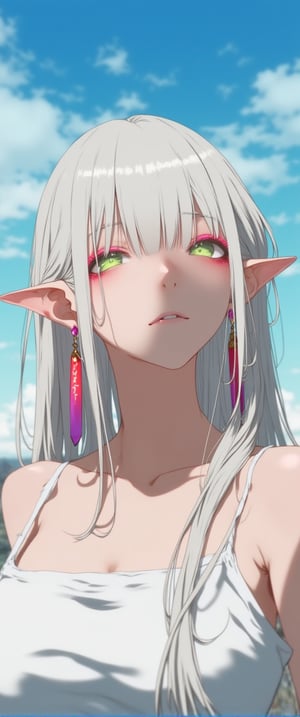 This digital painting depicts a young woman with striking features, including pointed ears and long, flowing white hair styled in pigtails. Her green eyes are accentuated by pink eyeliner and long, red teardrop earrings. She wears a white spaghetti-strap top, which is visible from the chest up, and gazes straight ahead with a neutral expression.

The background of the image is a serene blue sky with wispy white clouds, providing a subtle contrast to the subject's vibrant features. The overall effect is one of soft, dreamy beauty, inviting the viewer to appreciate the intricate details of the painting.