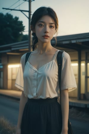 a girl standing alone in front of an old, shabby, unlit transit station in a deserted countryside on a dark night, film grain, depth of field, analog film style, vivid color, 1girl, slender body, full body, beautiful eyes, beautiful symmetrical face, ponytail, bangs, blouse, skirt, fog, (night, dark, dark photo, grainy, dimly lit:1.3), (masterpiece:1.2), best quality, high quality, (realistic), (absurdres:1.2), UHD, ultrarealistic,,japan vibes,