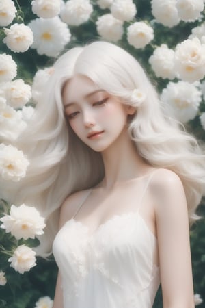 niji style, realistic,girly,solo,a beautiful woman in a white dress standing in front of a (flower covered wall) with white flowers on it,hair decoration, wavy hair, white hair,(windy:1.5) upper body shot, eyes closed,