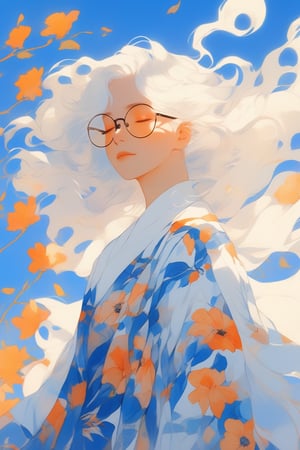 (niji style) 1girl, solo, wavy hair, hair decoration, white hair, closed eyes, upper body shot, (windy:1.5),glasses,dress with floral print,blue and orange tone impression