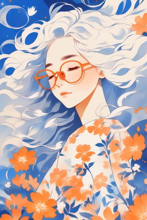 (niji style) a beautiful girl wearing floral dress, solo, wavy hair, hair decoration, white hair, closed eyes, upper body shot, (windy:1.5),glasses,blue and orange tone impression